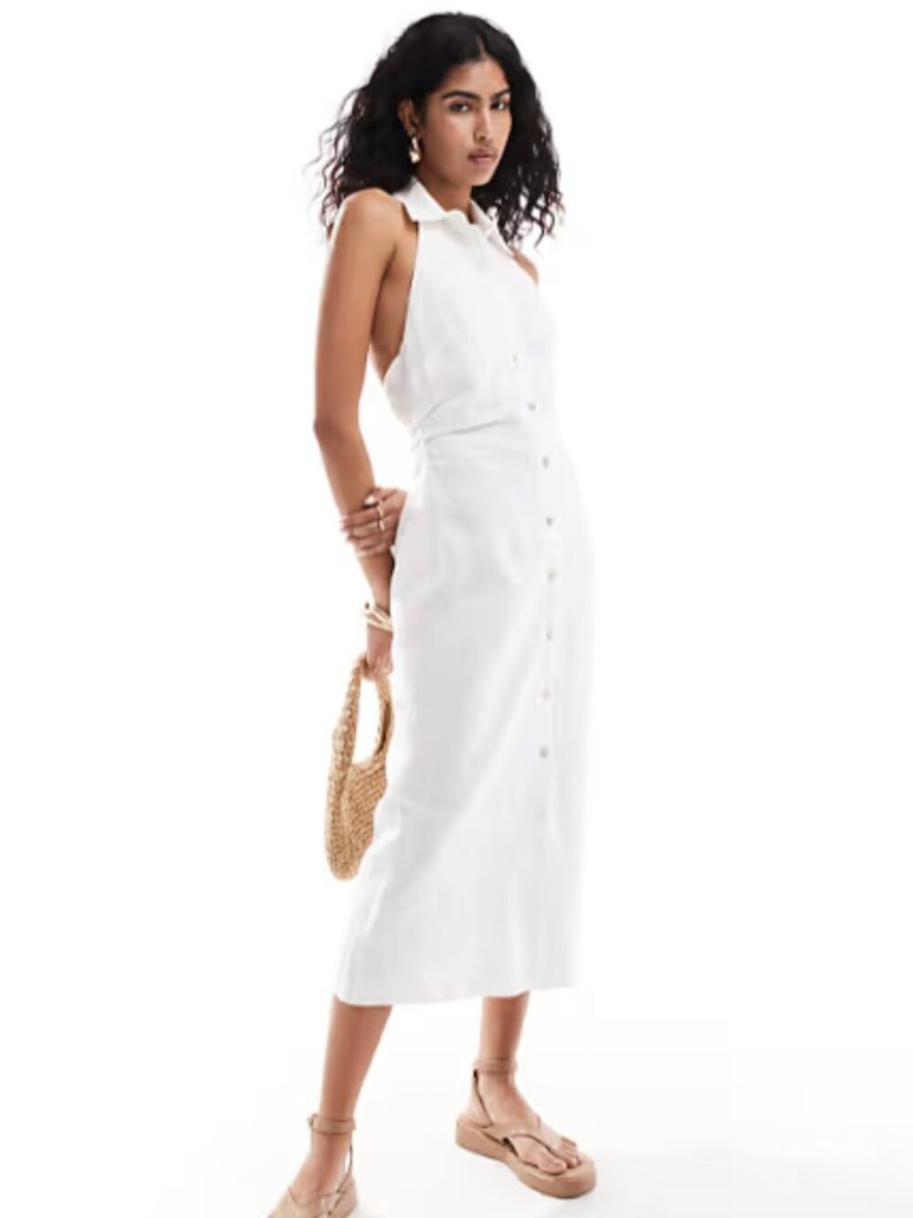 Mango White Button-Front Backless Midi Dress